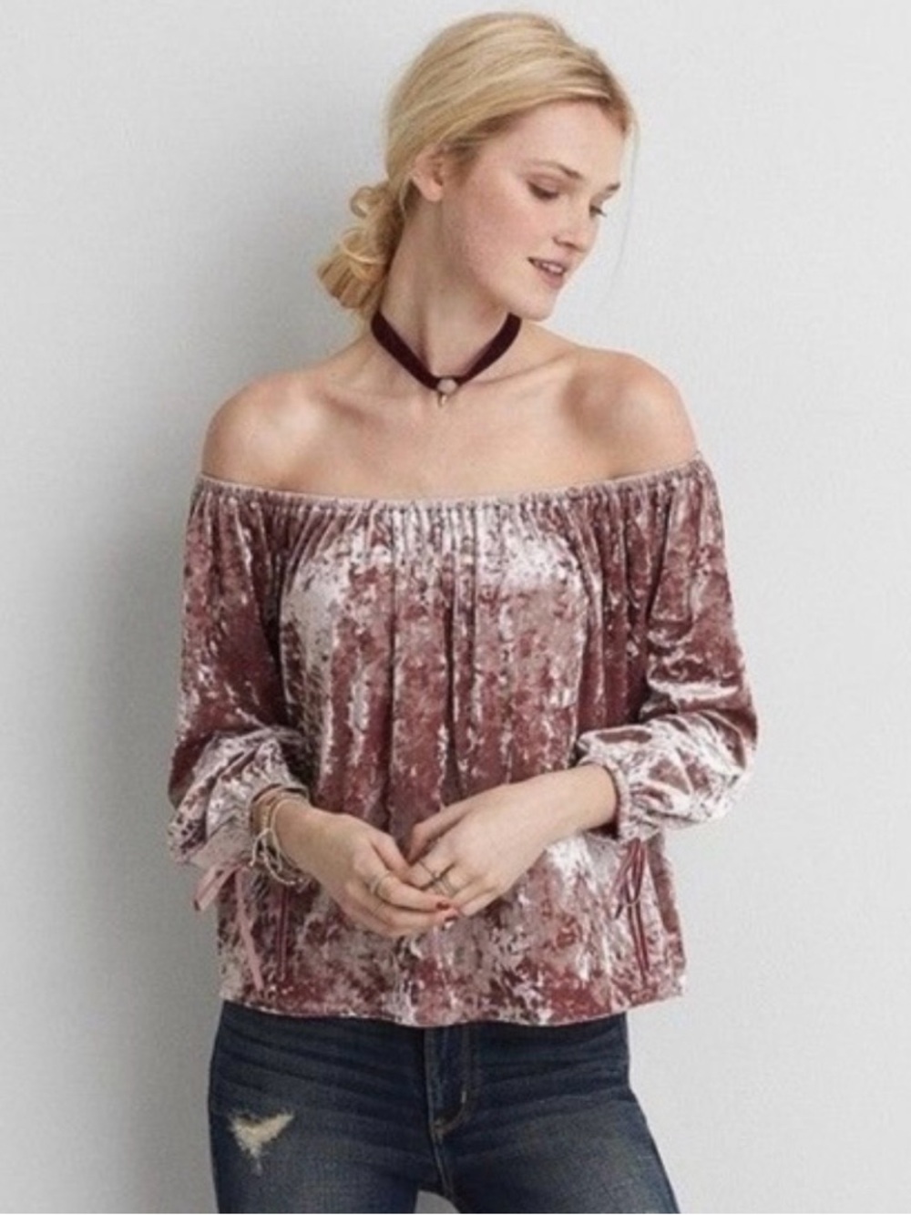 NWT AEO Rose Pink Crushed Velvet Off Shoulder Top Size Small